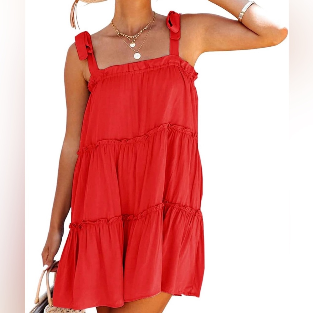 Red Square Neck Tie Shoulder Dress - Size Small